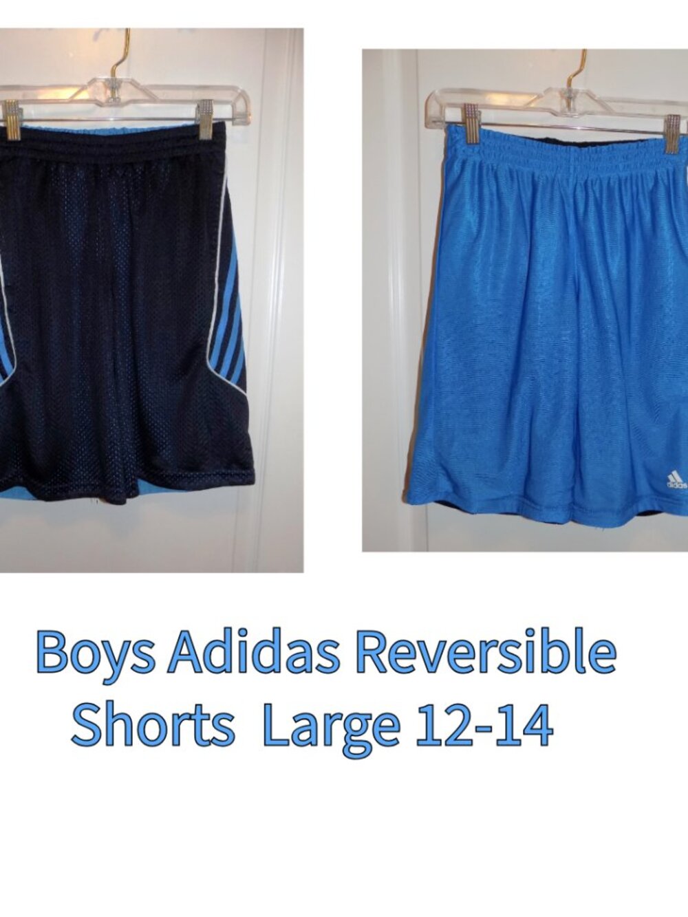 VTG Boys Adidas Navy Blue Reversible Active Shorts Mesh Large 12-14 Three Stripe